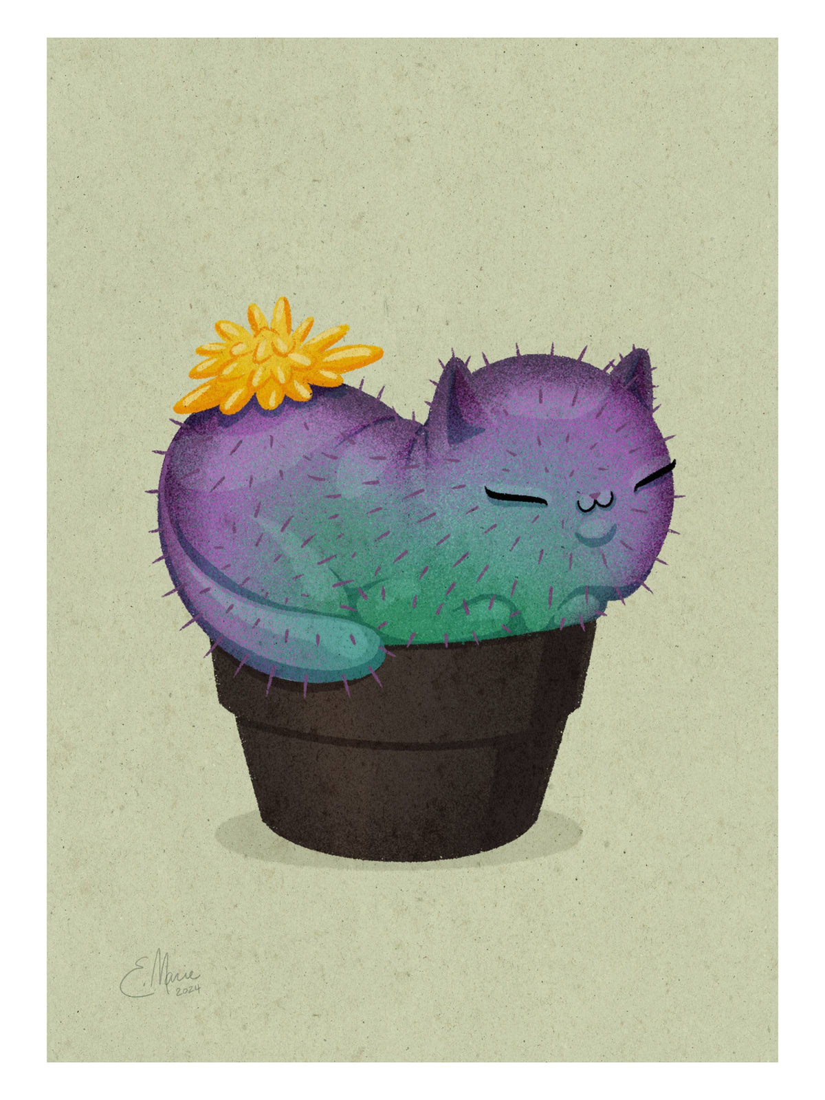 The Yellow Prickly Purr Catcus Art Print (7x5) by Elissa Marie Creative features a digital illustration of a sleeping cat-shaped cactus with purple and green tones, a yellow flower, and a black pot on a beige textured background.