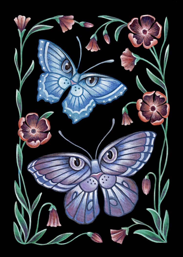 Beautiful Butterfly Framed Original Watercolor Painting (5x7) by Faina Lorah features two vibrant butterflies and floral accents on a black background, blending vintage-inspired charm with enchanting detail.