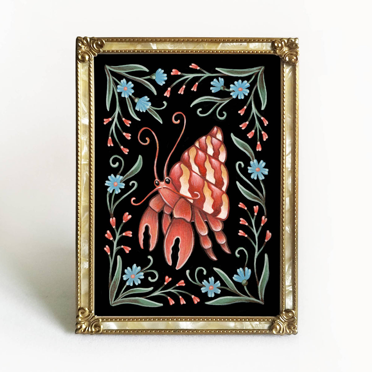 The *Retiring* Crab Folk Art Print by Faina Lorah features a whimsical pink hermit crab with blue and pink flowers and green leaves on a black background, available in multiple sizes.
