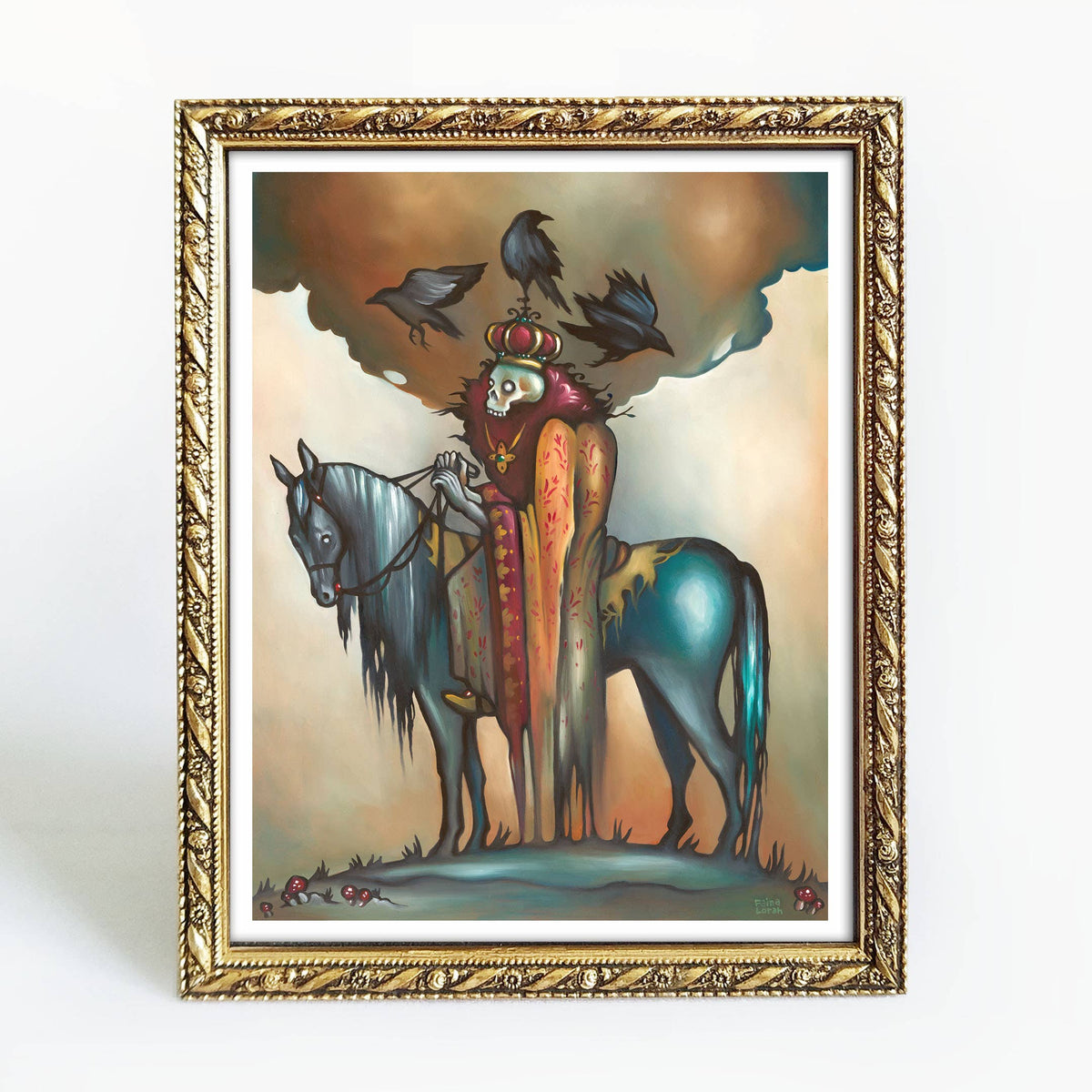 *Retiring* Deathless King Slavic Art Print by Faina Lorah (14 x 11): A crowned, masked figure in a red robe rides a blue horse among black birds, dark clouds, and red flowers—evoking Koschei the Deathless. Limited edition framed print.