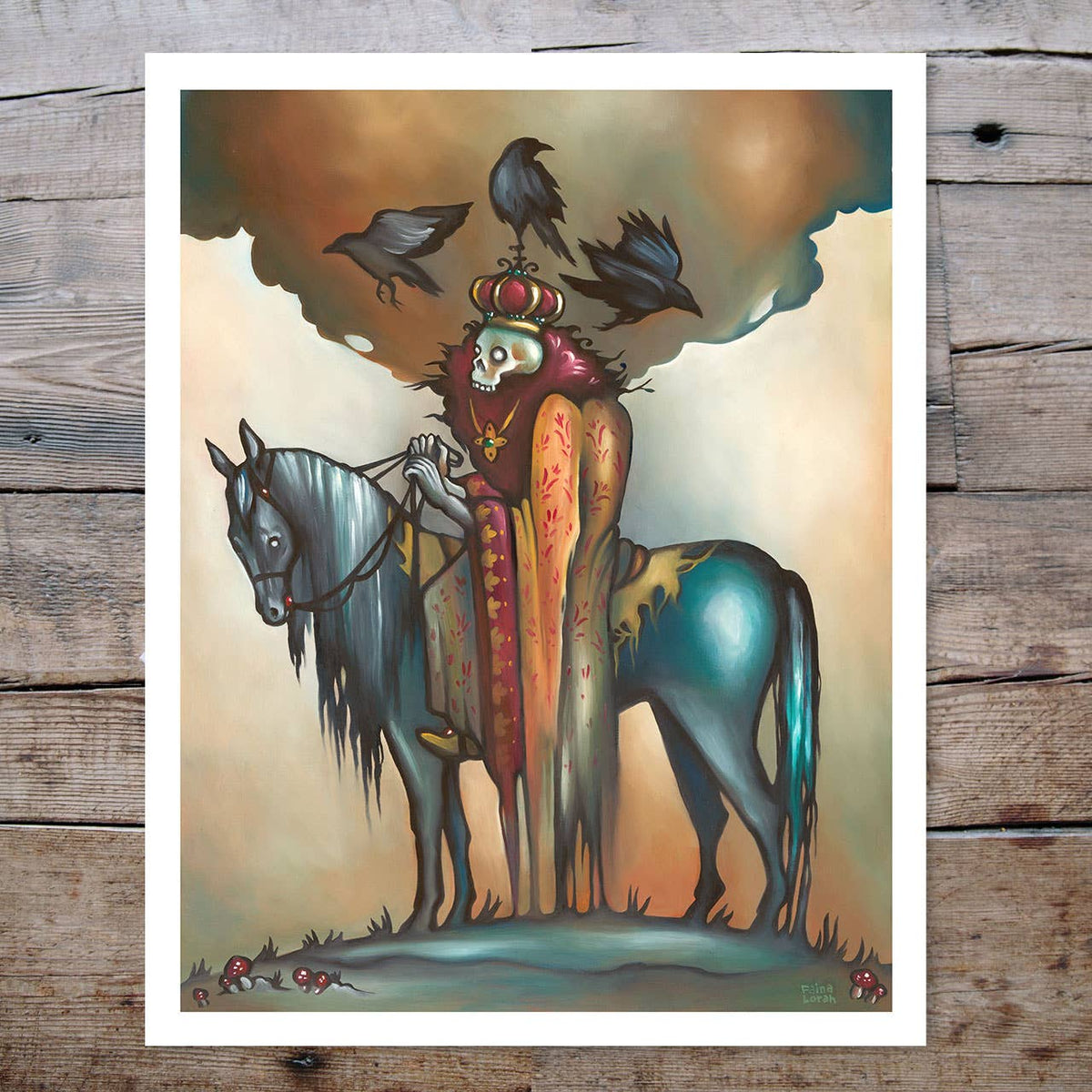 A surreal 14 x 11 *Retiring* Deathless King Slavic Art Print by Faina Lorah shows a crowned skeleton in royal robes riding a blue horse, with black birds overhead and mushrooms below, evoking an eerie fantasy feel. Limited edition.