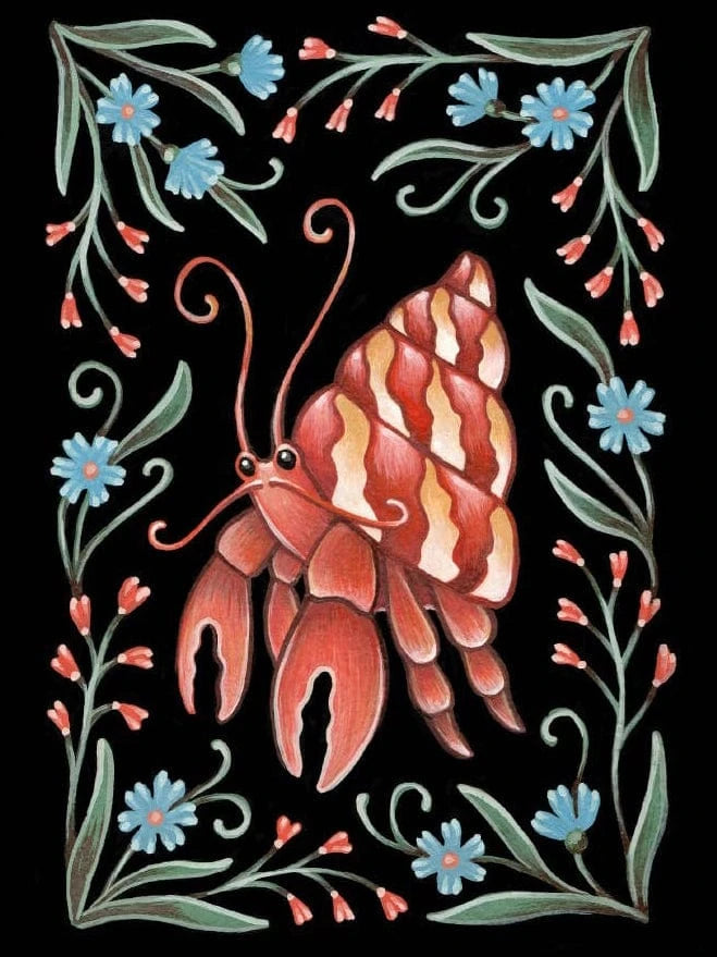 The *Retiring* Crab Folk Art Print by Faina Lorah showcases a red hermit crab with a striped shell, blue flowers, and green leaves on black in watercolor style. Available in multiple sizes.