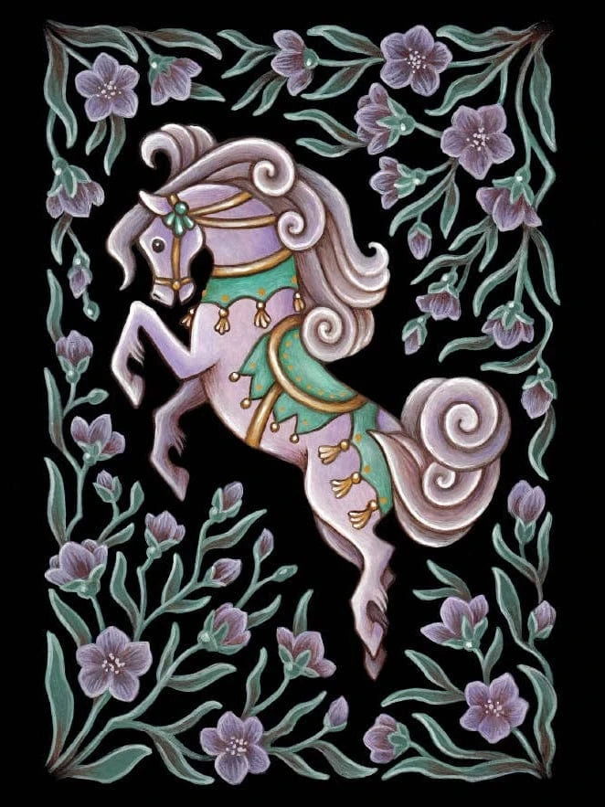 The *Retiring* Horse Folk Art Print by Faina Lorah features a pale purple carousel horse with green and gold tack, framed by lilac flowers and leafy vines on black. Available in multiple sizes.