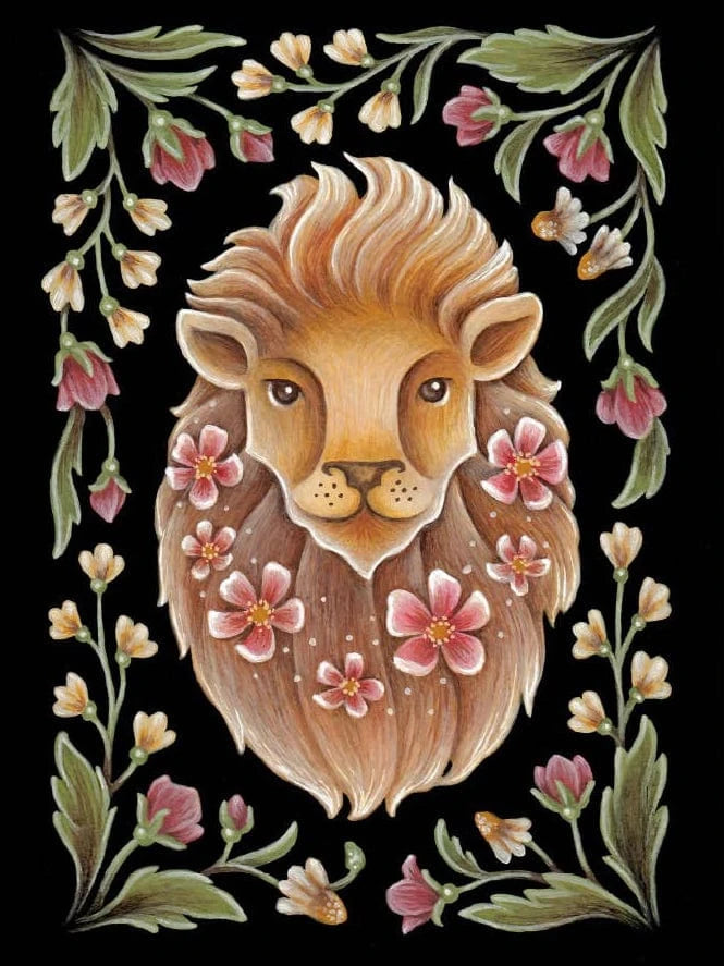 The *Retiring* Lion Folk Art Print by Faina Lorah features a stylized lion head with a pink floral mane, green leaves, and blossoms on black—available in multiple sizes.