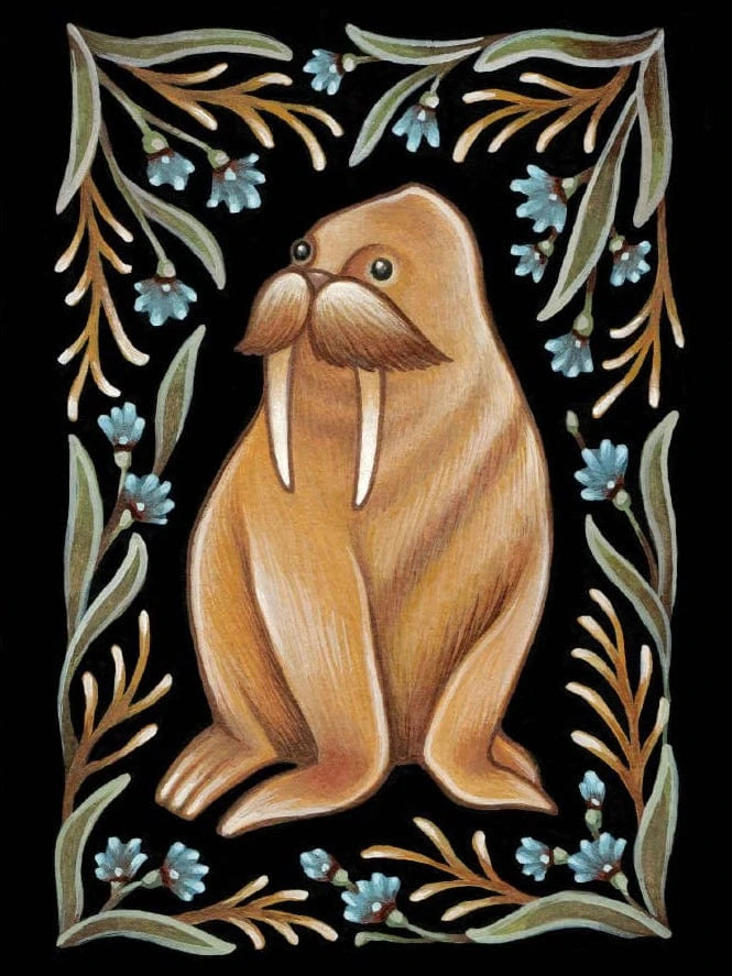Whimsical walrus with large tusks and mustache, framed by green leaves and blue flowers on black—Faina Lorah *Retiring* Walrus Folk Art Print, available in multiple sizes. Perfect for unique wall decor or watercolor lovers.