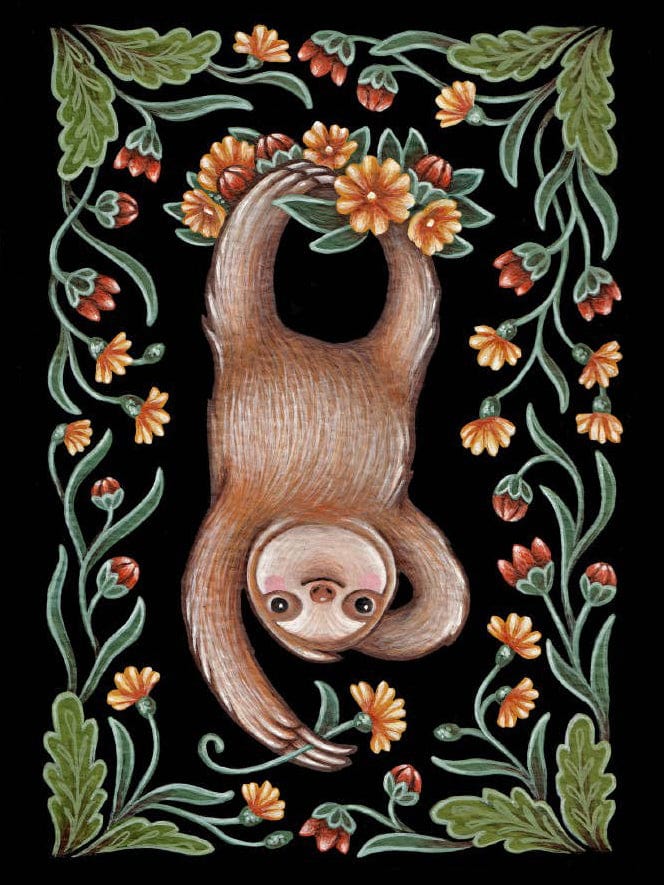 The *Retiring* Sloth Folk Art Print by Faina Lorah features a cute sloth hanging from an orange flower with green leaves and florals on black—whimsical wall art in sizes inspired by Eastern European tradition.