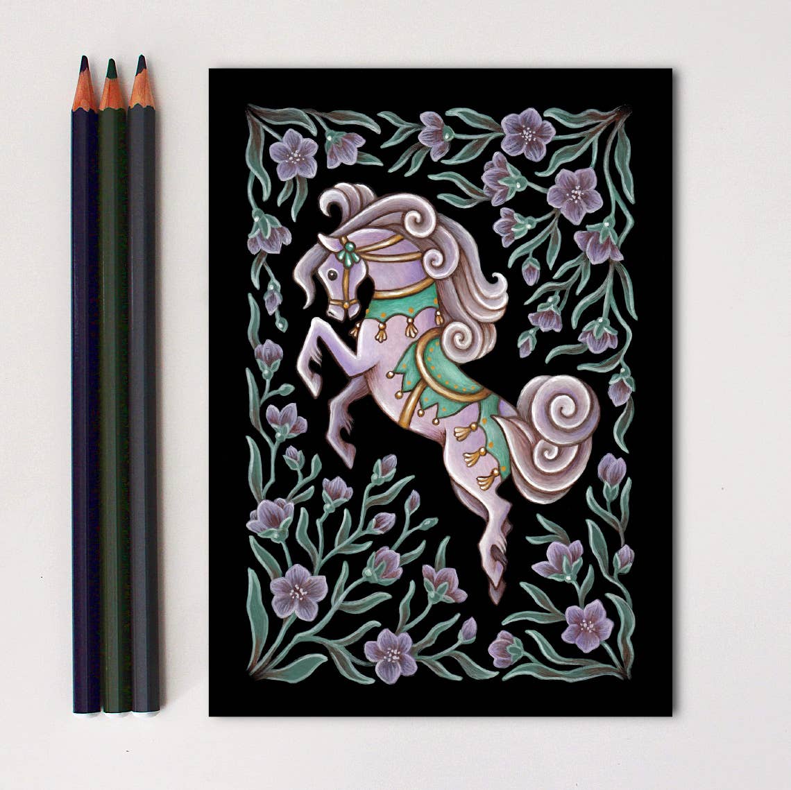 Faina Lorah’s *Retiring* Horse Folk Art Print features a lavender horse with ornate tack, rearing among purple flowers and green leaves on black, shown with three colored pencils. Available in multiple sizes.
