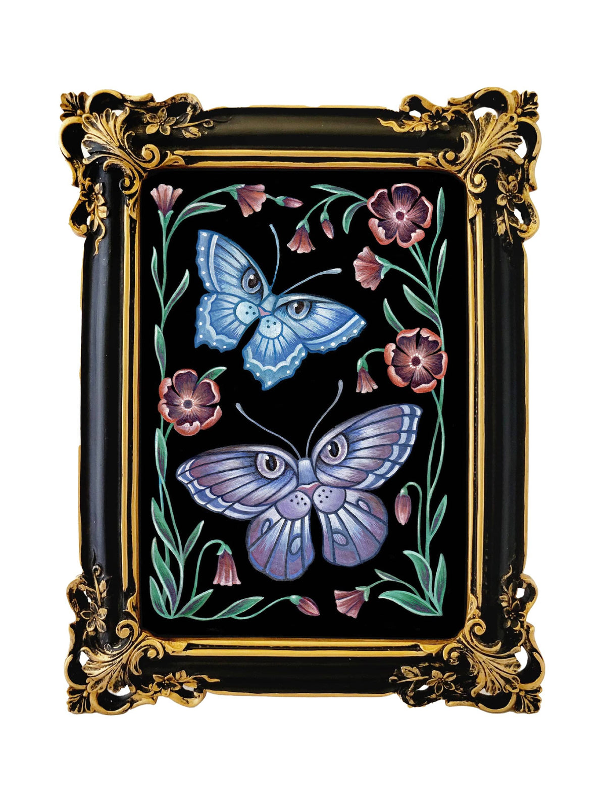 The Beautiful Butterfly 5x7 original watercolor by Faina Lorah features blue and purple butterflies amid pink flowers and green leaves on black, presented in a decorative black and gold ornate frame.