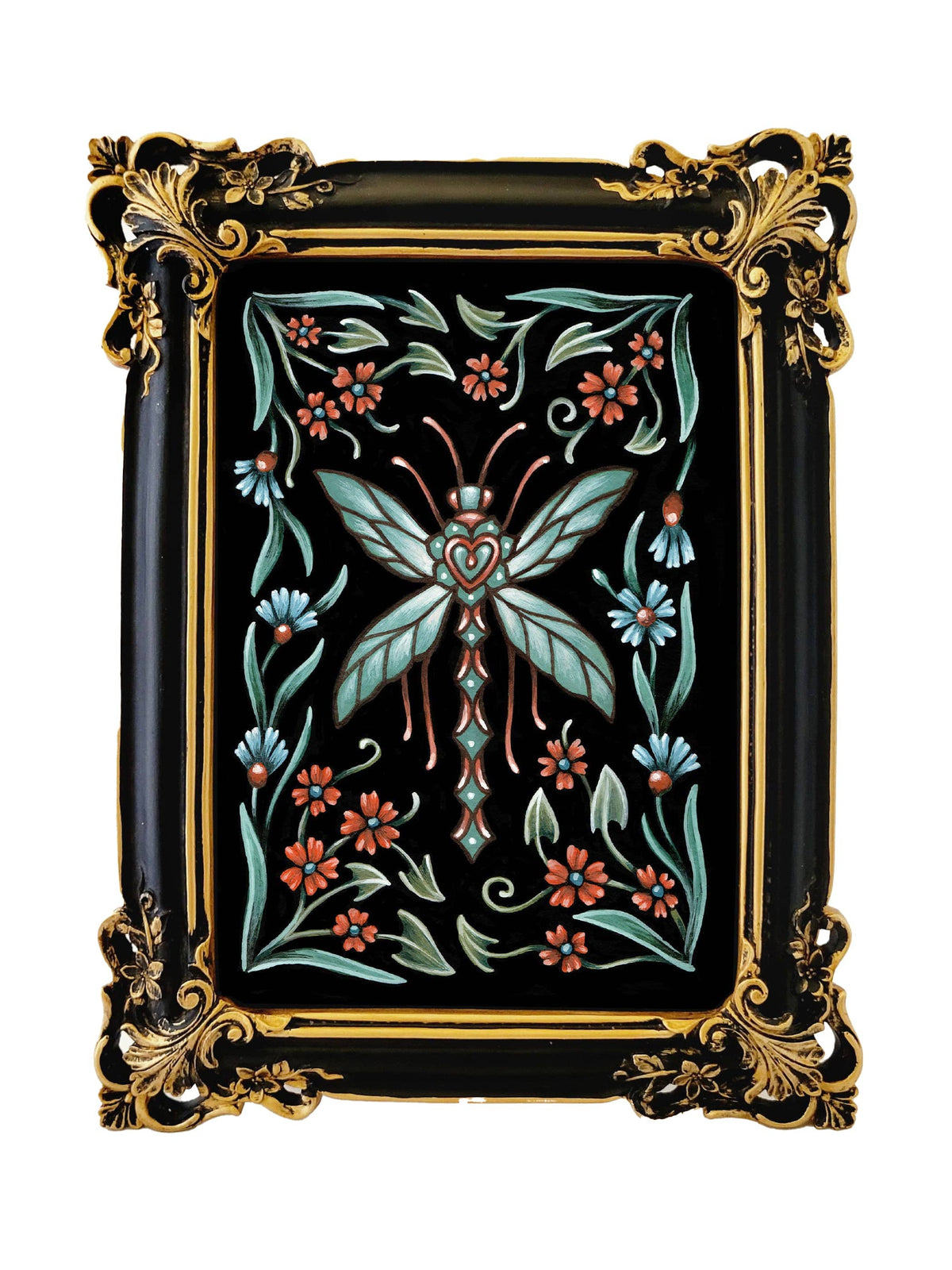 The Daring Dragonfly 5x7 original watercolor by Faina Lorah features a butterfly amid blue and red flowers and green leaves on black, all bordered with a decorative black and gold ornate frame.