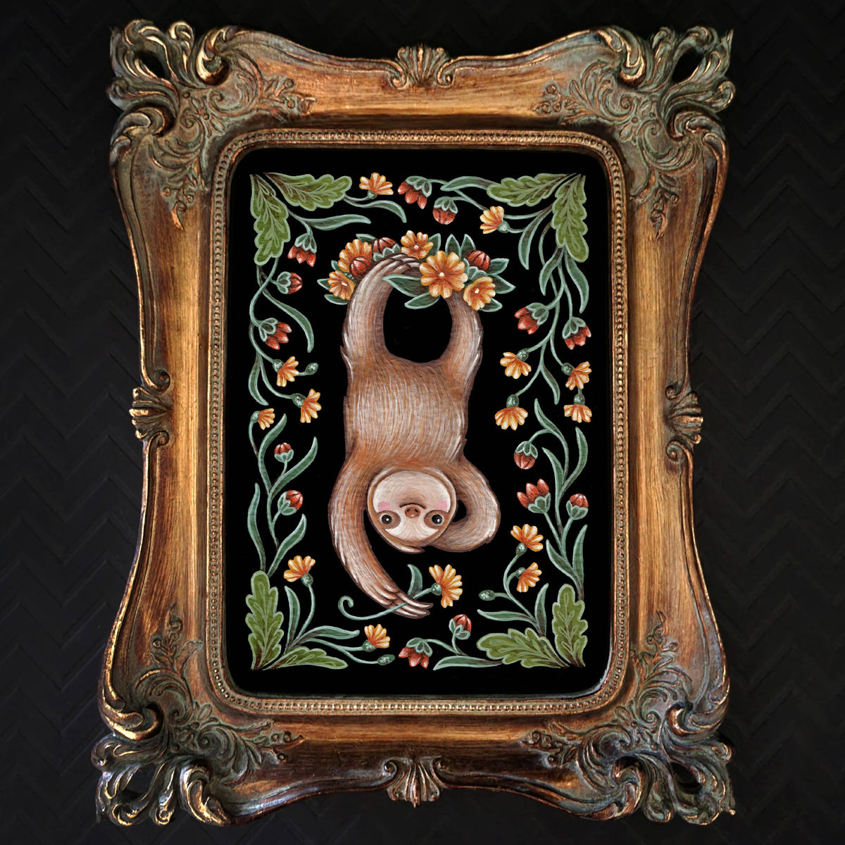 The Faina Lorah *Retiring* Sloth Folk Art Print features a sloth hanging among orange flowers and green leaves on black, set in an ornate gold antique-style frame that evokes traditional Eastern European art. Available in multiple sizes.