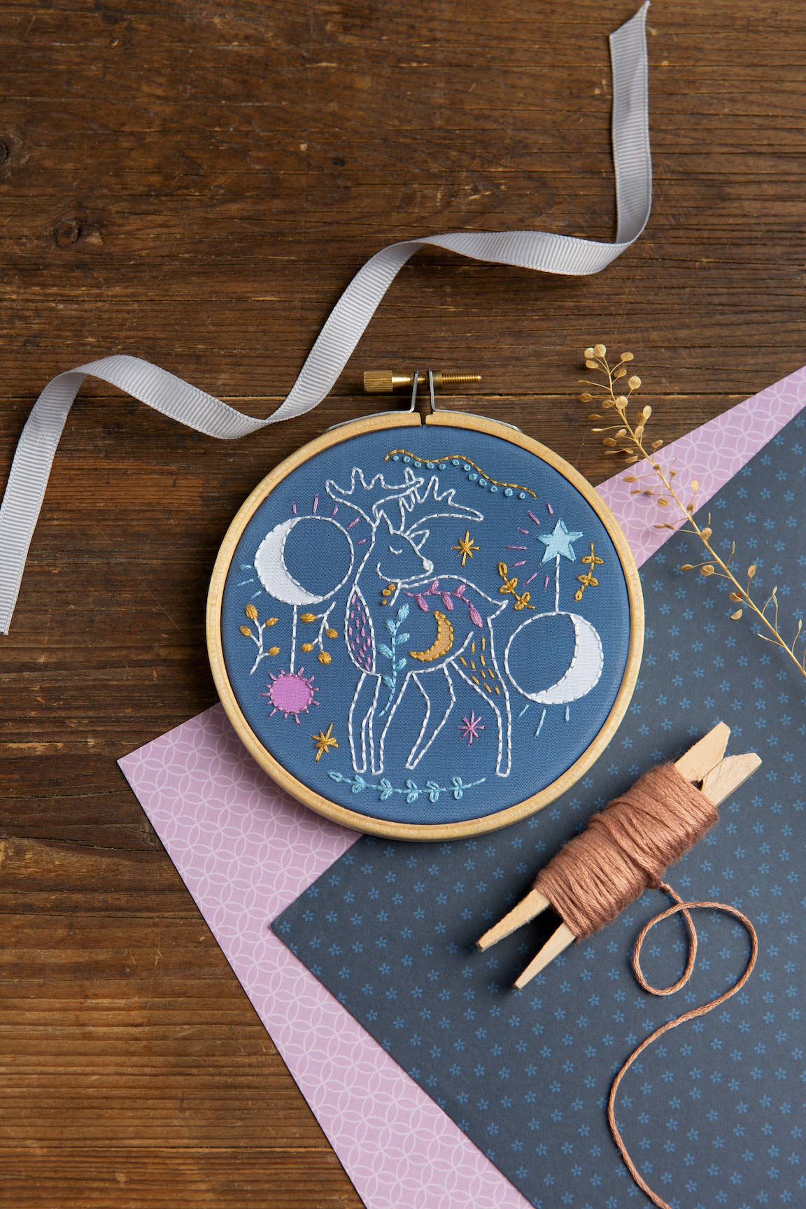 Hawthorn Handmade Celestial Deer Mini Embroidery Kit | Complete Craft Kit for Beginners