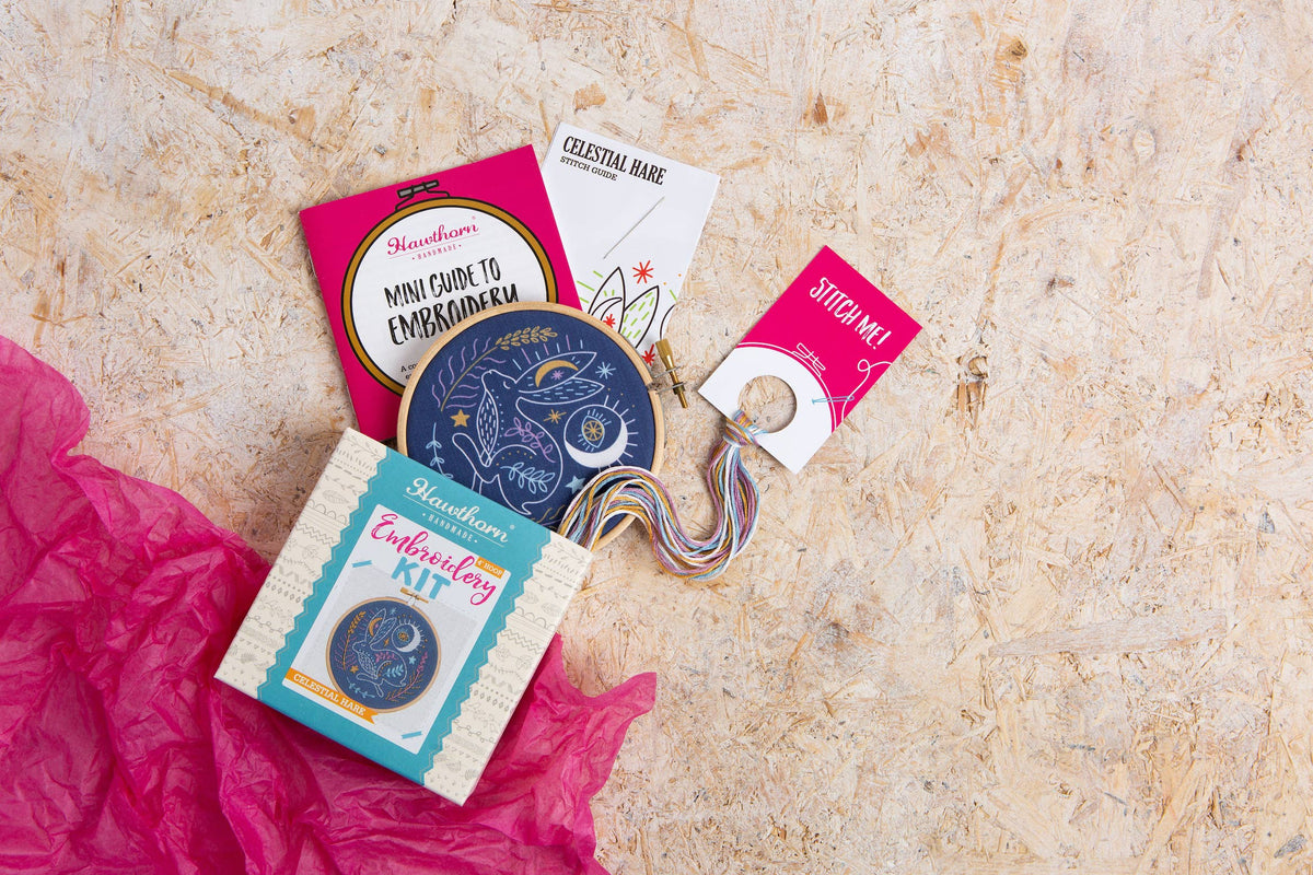 Hawthorn Handmade Celestial Hare Mini Embroidery Kit | Complete Craft Kit for Beginners