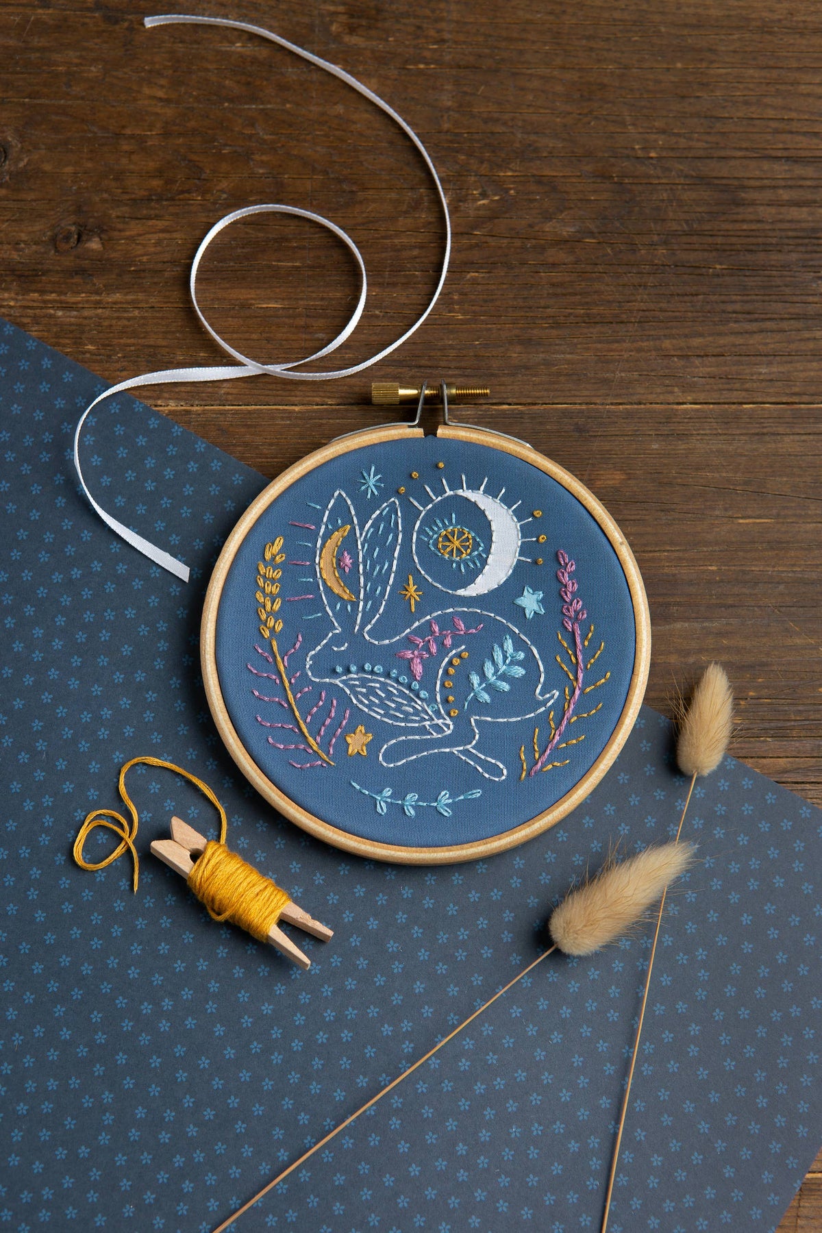 Hawthorn Handmade Celestial Hare Mini Embroidery Kit | Complete Craft Kit for Beginners