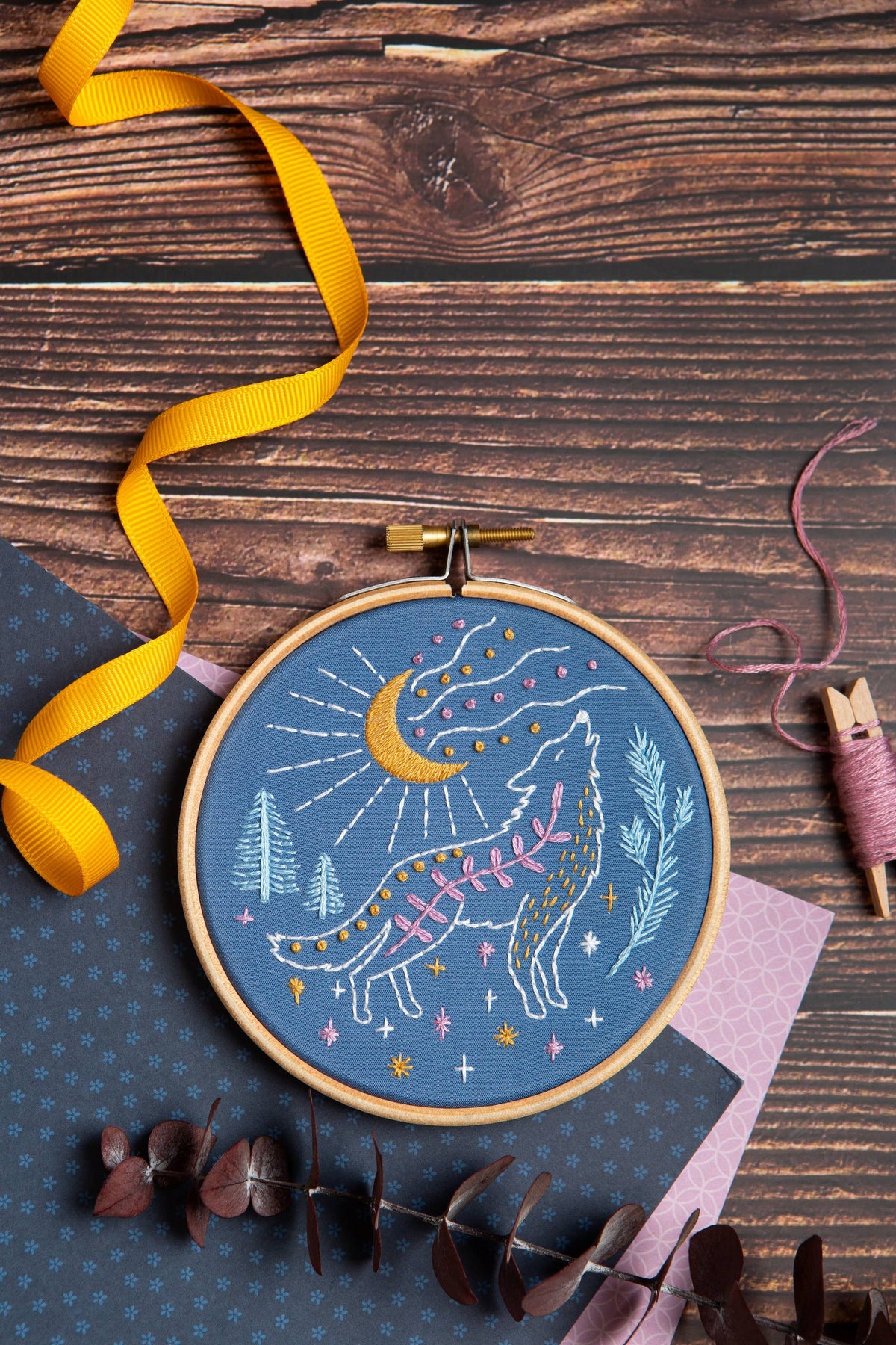 Hawthorn Handmade Celestial Wolf Mini Embroidery Kit | Complete Craft Kit for Beginners