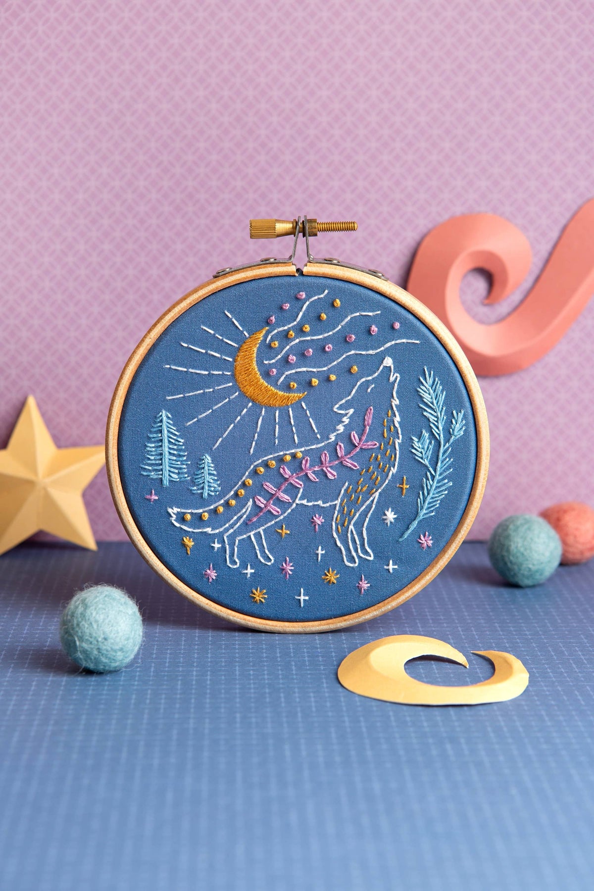 Hawthorn Handmade Celestial Wolf Mini Embroidery Kit | Complete Craft Kit for Beginners