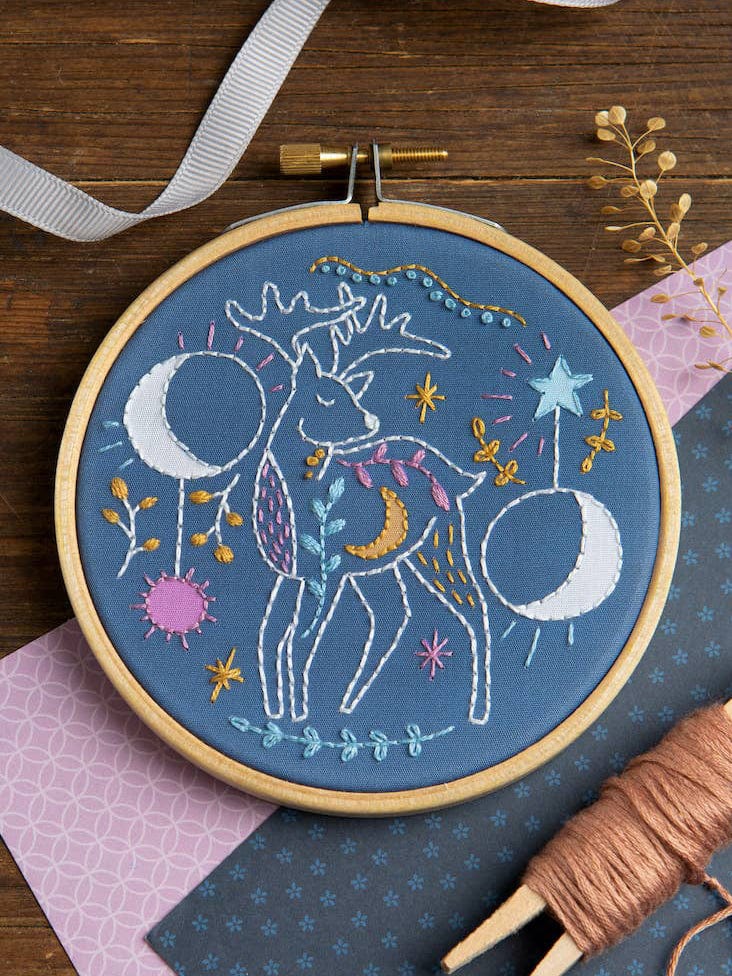 Hawthorn Handmade Embroidery Kit 4" Beginner Celestial Deer Embroidery Kit