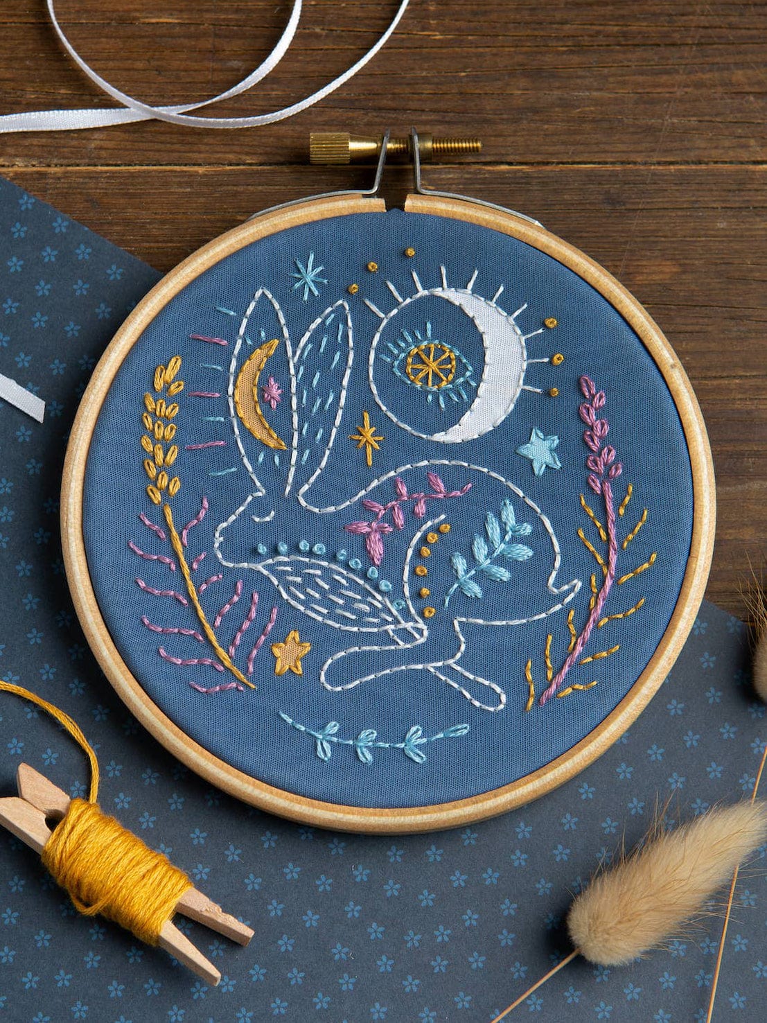 Hawthorn Handmade Embroidery Kit 4" Beginner Celestial Hare Embroidery Kit