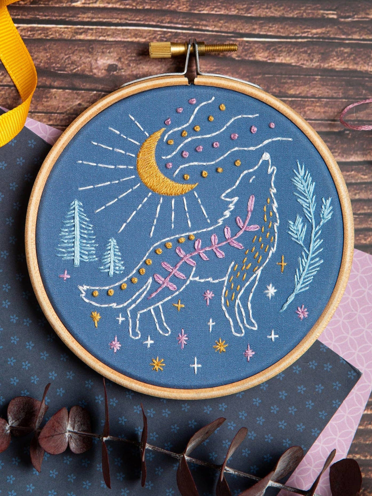 Hawthorn Handmade Embroidery Kit 4" Beginner Celestial Wolf Embroidery Kit