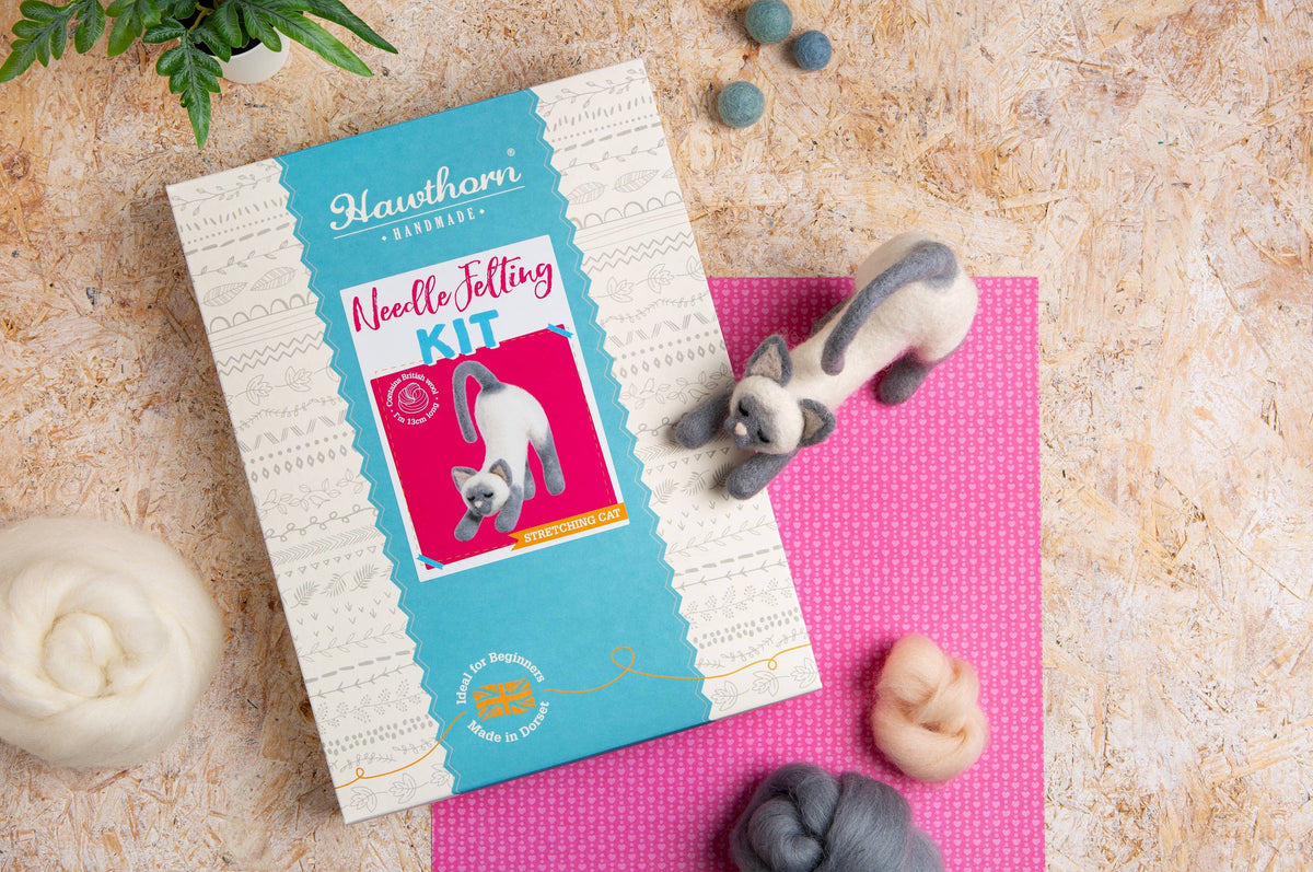 Hawthorn Handmade Stretching Cat Needle Felting Kit | Beginner Craft Kit