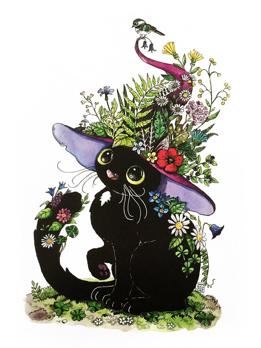 Ilustratorium Sara Szewczyk Giclee Print Spring Witch Cat Art Print, 11.8" x 8.3"