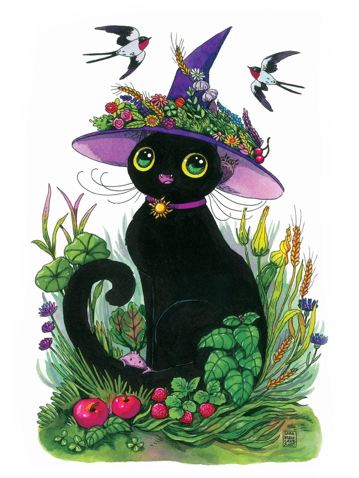 Ilustratorium Sara Szewczyk Giclee Print Summer Witch Cat Art Print, 11.8" x 8.3"