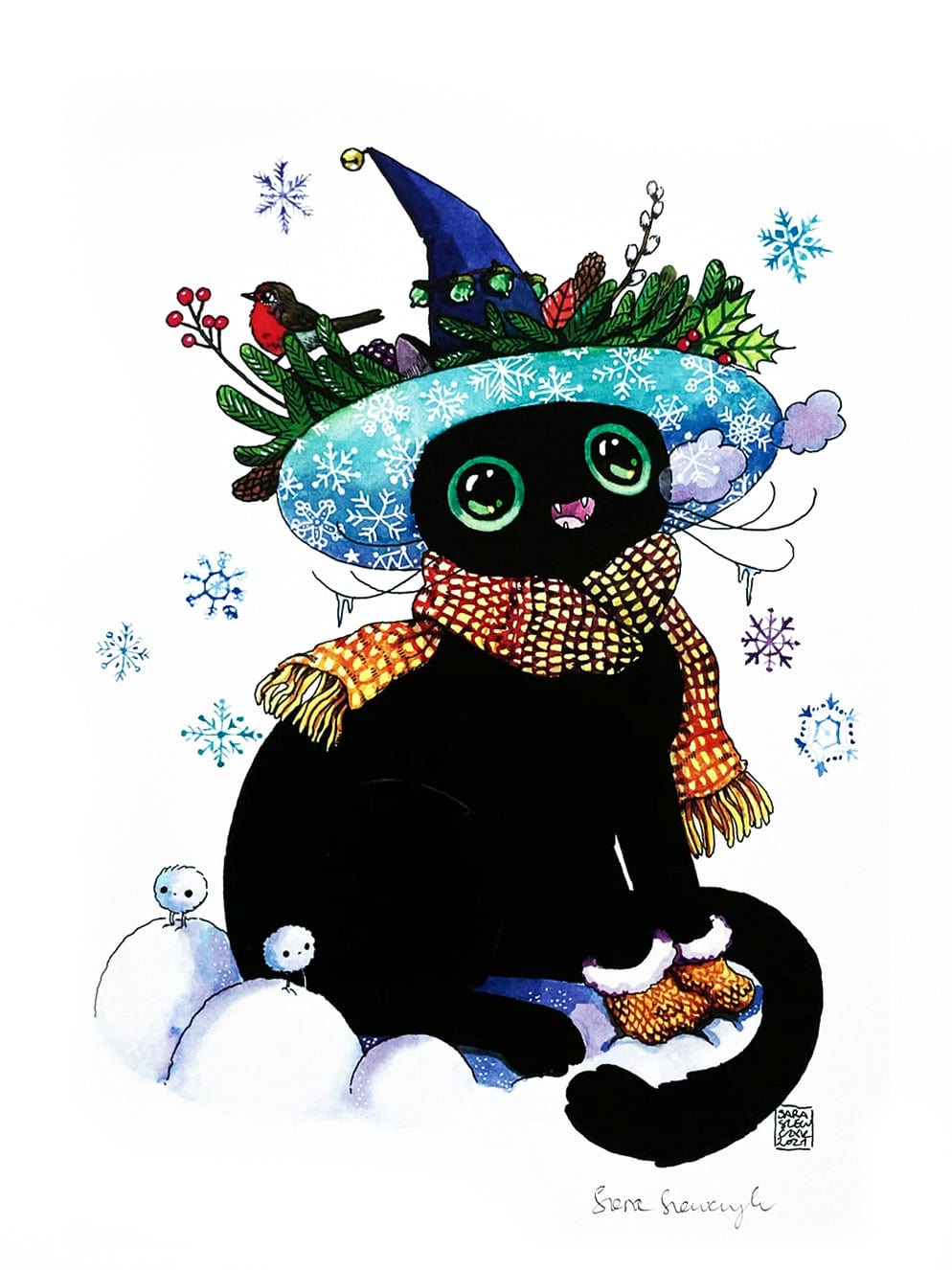 Ilustratorium Sara Szewczyk Giclee Print Winter Witch Cat Art Print, 11.8" x 8.3"