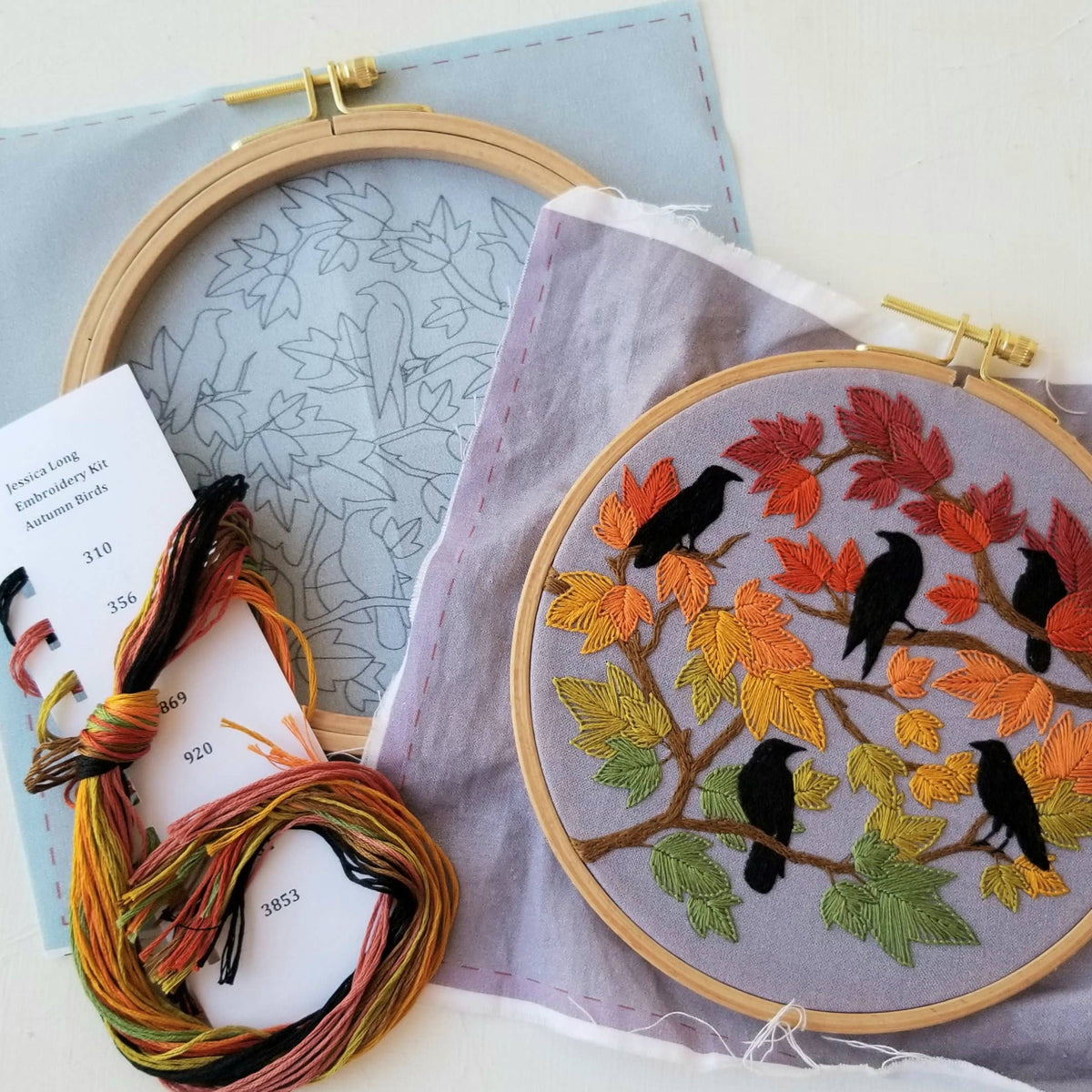 Two 6 embroidery hoops from the Jessica Long Embroidery Beginner Autumn Birds Kit rest on a white surface: one with a leaf pattern outline, the other showing finished black birds on fall leaves. Bundled colored threads complete this ideal beginner set.