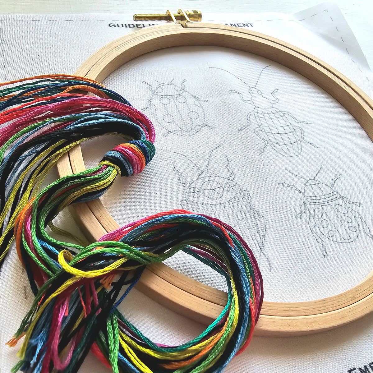 The 6 Beginner Beetle Collection Embroidery Kit by Jessica Long Embroidery features fabric in a hoop with beetle outlines and colorful threads—an inviting start for new stitchers.
