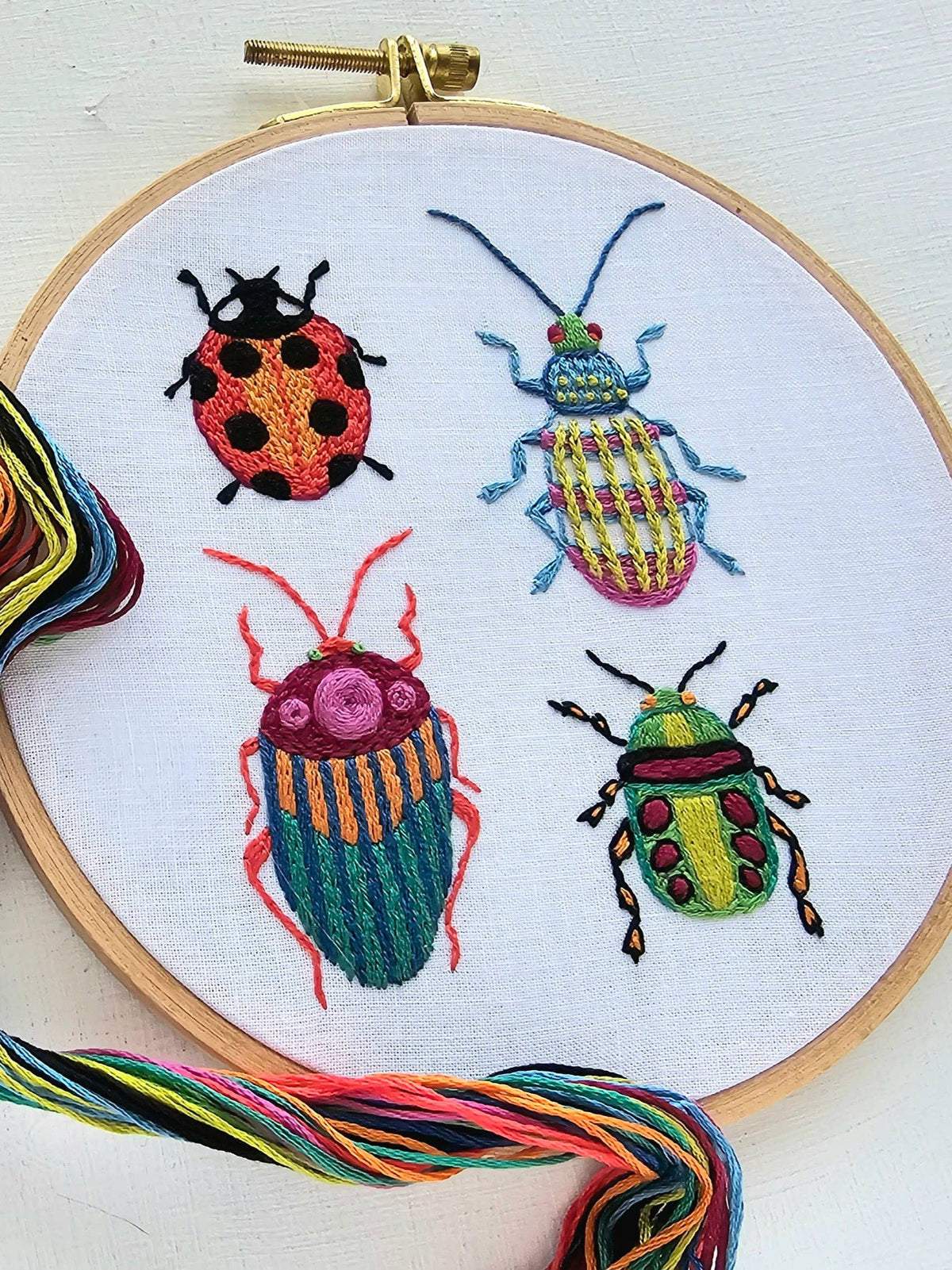 Jessica Long Embroidery’s 6 Beginner Beetle Collection Embroidery Kit features a hoop with colorful thread beetle designs on white fabric, perfect for beginners. Multicolored threads are included for vibrant, intricate patterns.