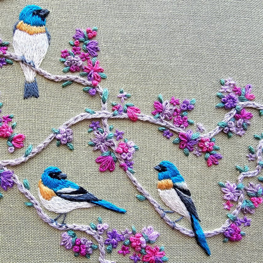 The *Late May Pre-Order* 6 Birds & Blooms Embroidery Kit by Jessica Long Embroidery features three embroidered birds on branches with colorful flowers—an ideal, vibrant project for those learning beginner hand embroidery stitches.