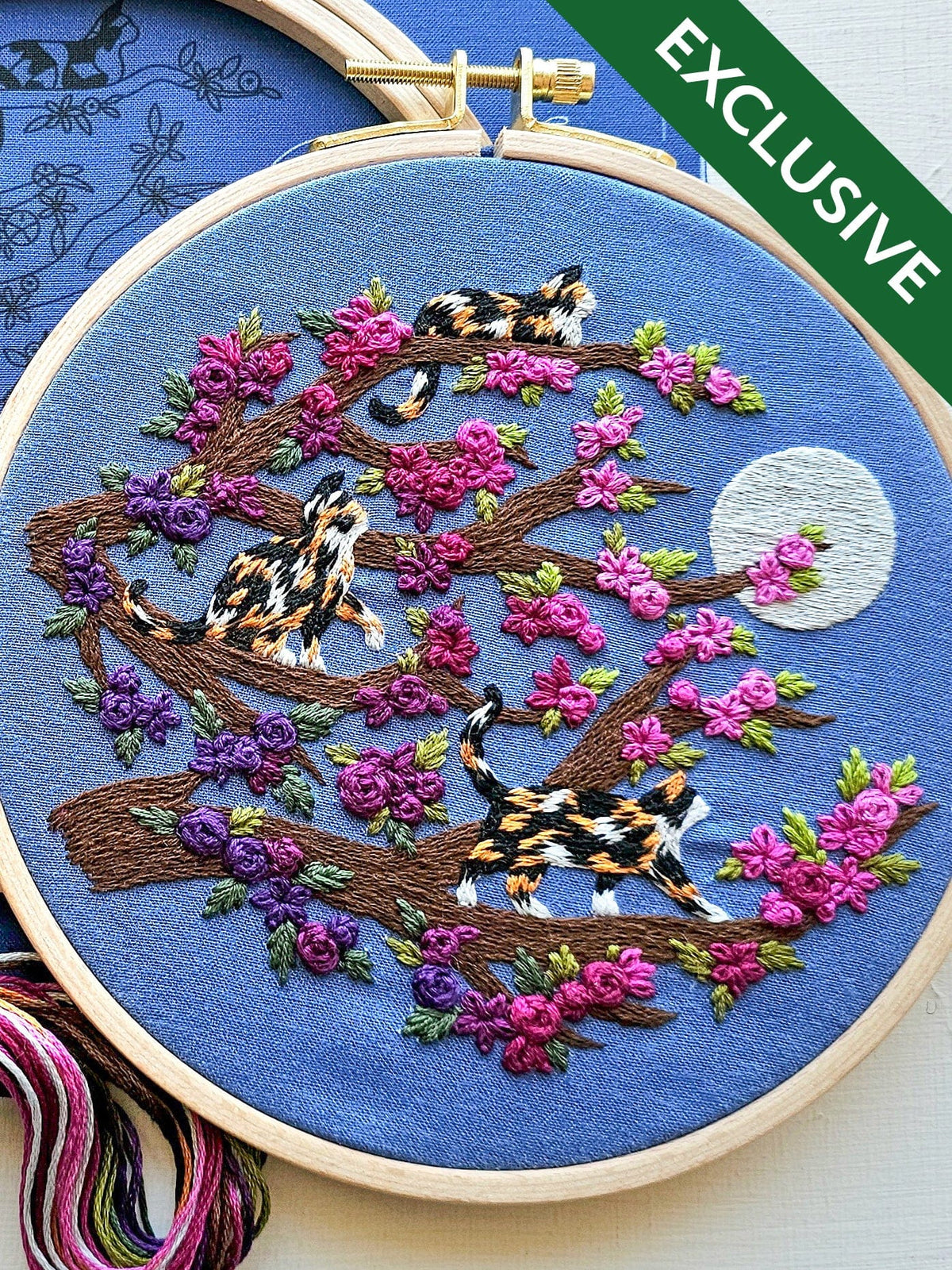 6" Beginner Calico Cats & Full Moon Embroidery Kit