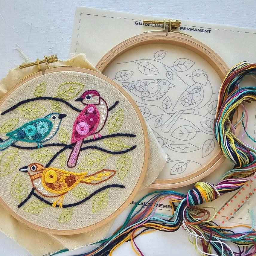 The Jessica Long Embroidery 6 Beginner Colorful Birds Embroidery Kit includes a hoop with stitched birds on branches, a second hoop with an outlined bird pattern, and colorful embroidery threads—perfect for beginners.
