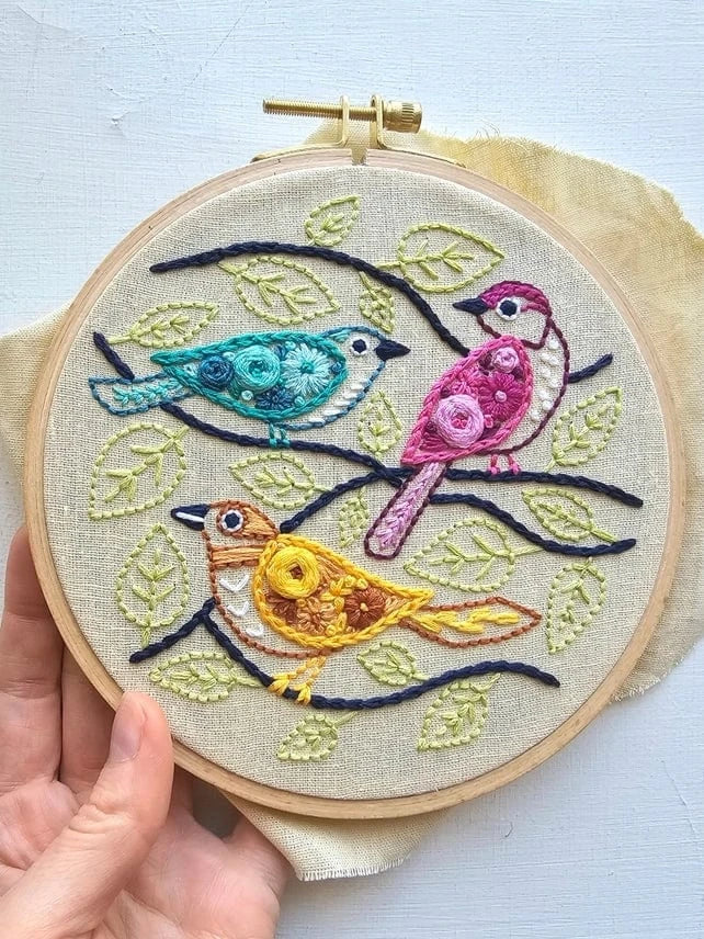 The Jessica Long Embroidery 6 Beginner Colorful Birds Embroidery Kit features a hand holding a hoop with blue, pink, and yellow birds perched on stitched branches and green leaves, perfect for beginners against a light backdrop.