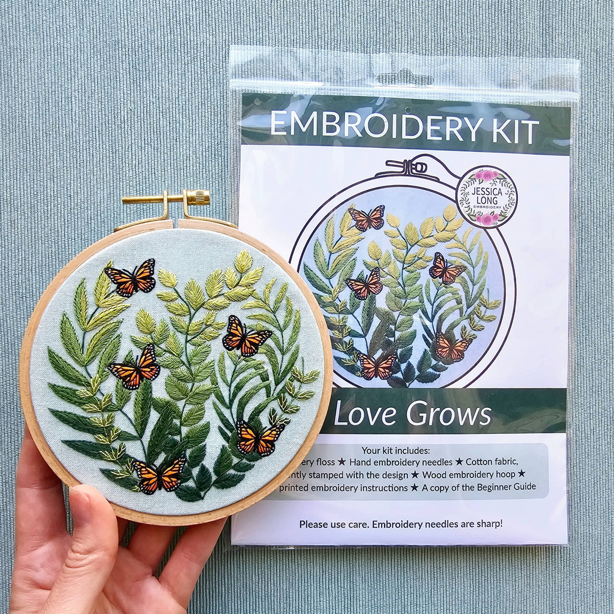 Jessica Long Embroidery "Love Grows" butterfly hand embroidery kit
