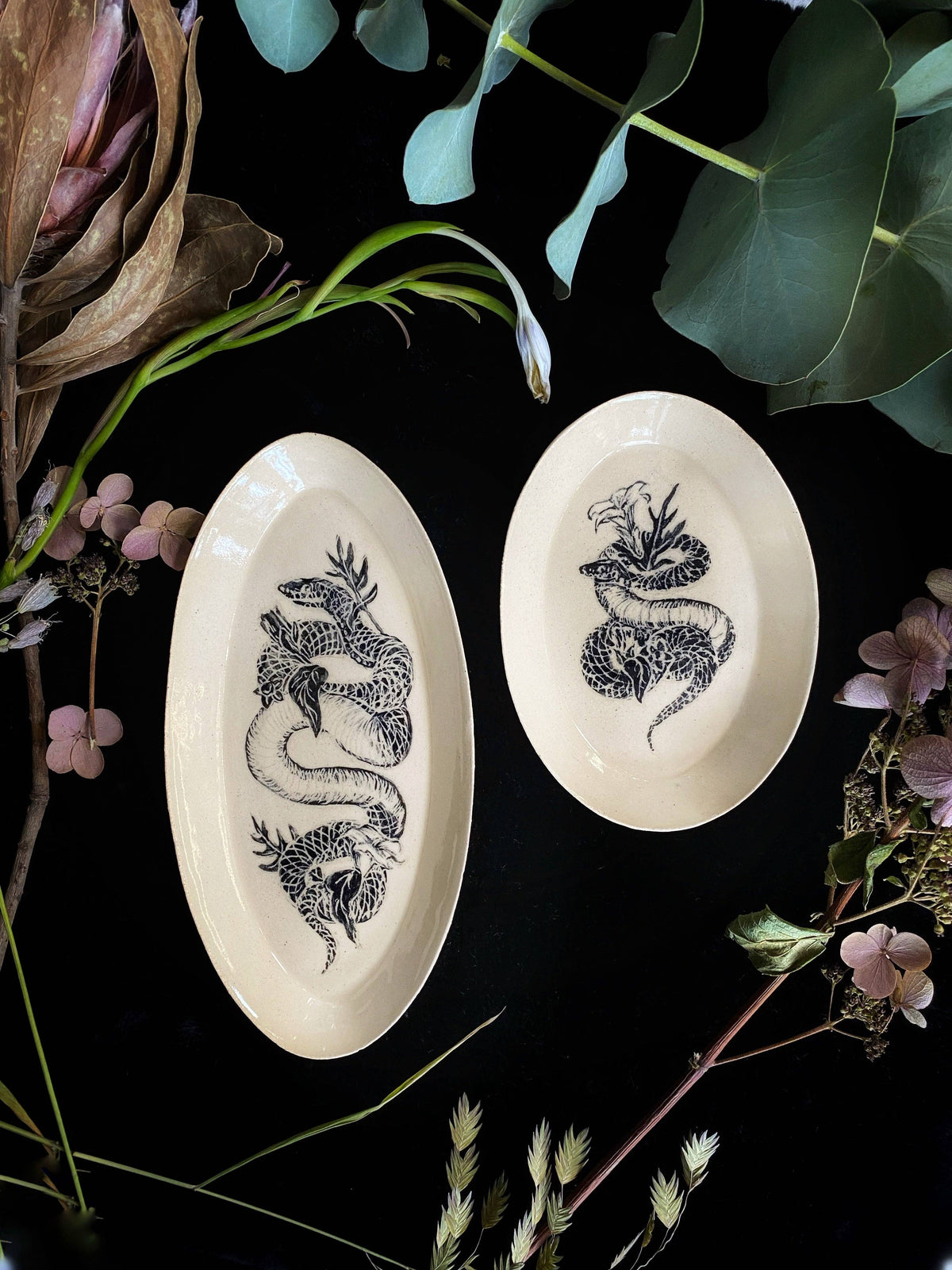 Keven Craft Rituals LLC Black Sgraffito Snake and Poison Plant Ceramic Offering Plates: 9.5” x 4.67” Oval