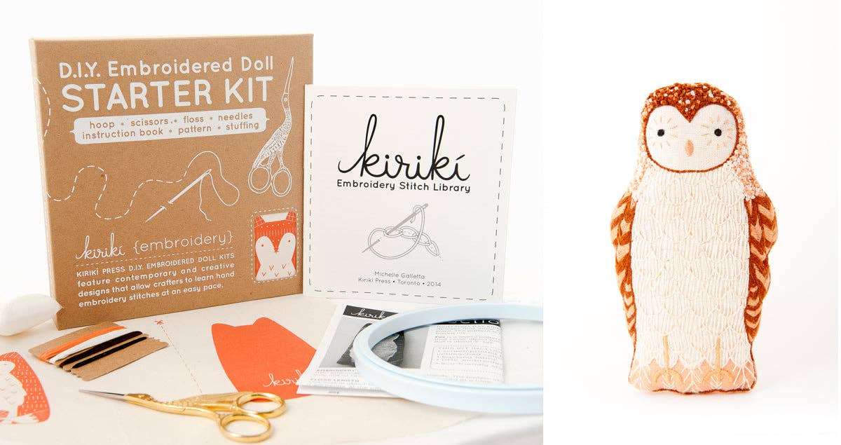 On the left is Kiriki Press’s Barn Owl Embroidery Doll Kit, which includes screen printed fabric, tools, and instructions. On the right is a finished owl doll in orange, brown, and white shades.