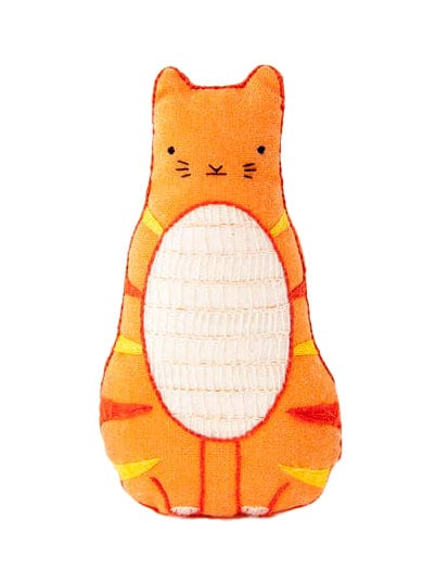 The Kiriki Press Beginner Tabby Cat Embroidery Doll Kit features a plush orange cat with a white belly, stitched face, and simple stripes—perfect for D.I.Y. embroidered dolls. Shown against a white background.