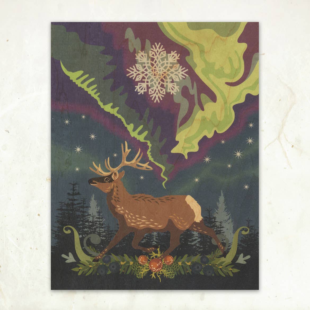 Little Gold Fox Designs Aurora Reindeer Small Wood Print