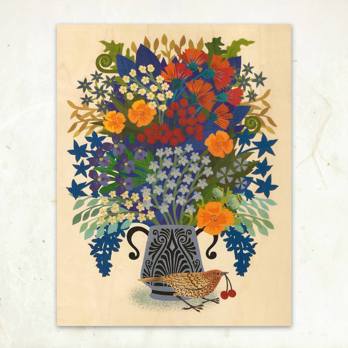 Berry Thief Small Wood Print by Little Gold Fox Designs (11 x 8.5) features a vibrant bouquet in a wood veneer vase and a brown bird with a cherry, set against a light background—an artful, sustainable accent for your space.