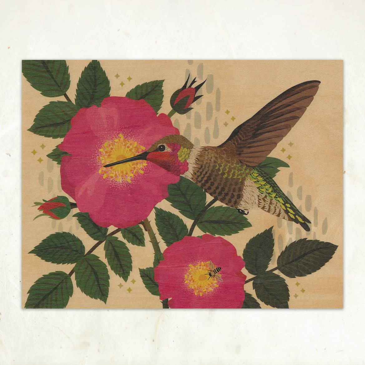 Little Gold Fox Designs Hummingbird & Wild Rose Small Wood Print