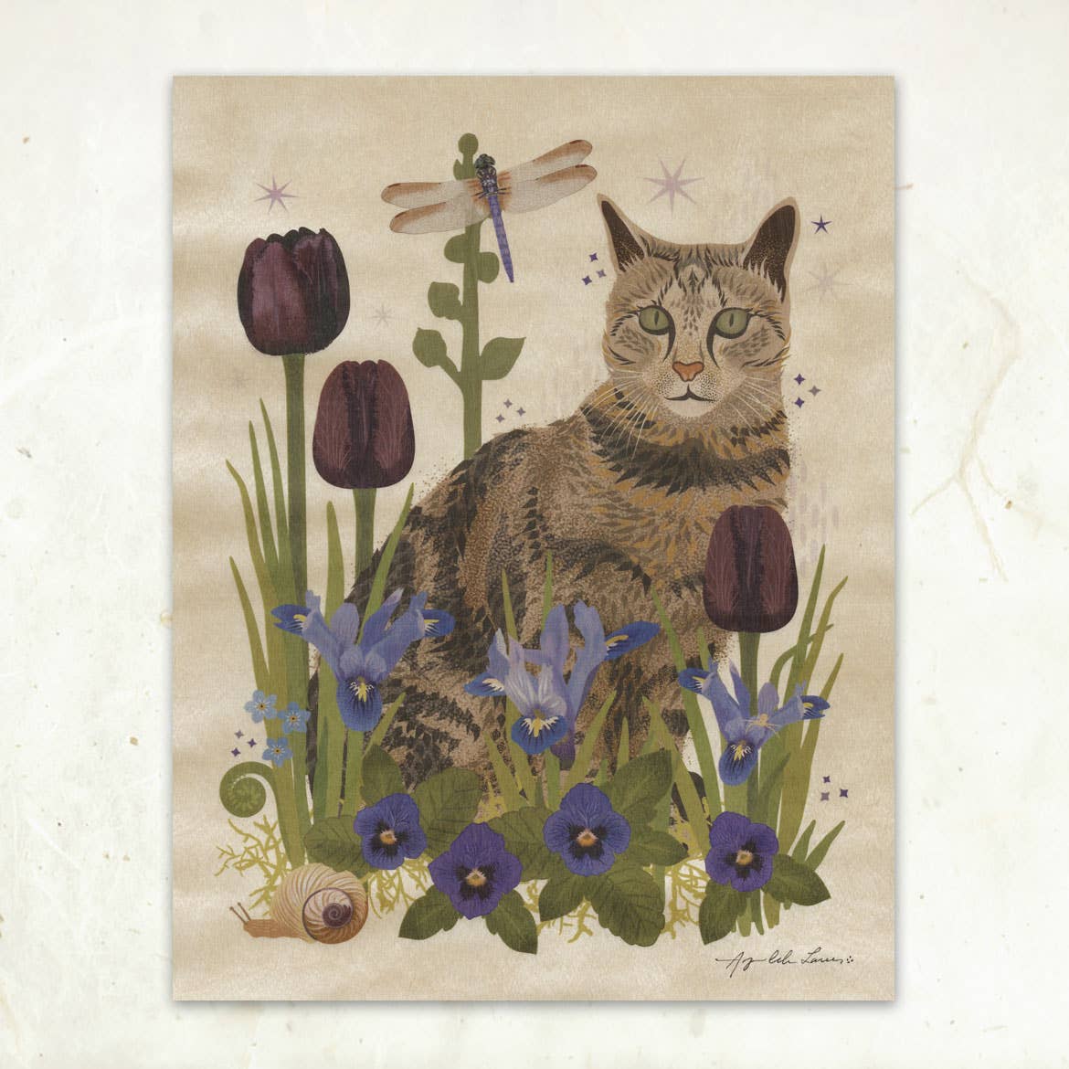 Little Gold Fox Designs Tabby Cat & Dragonfly Small Wood Print