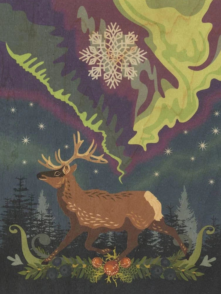 Little Gold Fox Designs Wood Art Print Aurora Reindeer Small Wood Print, 11" x 8.5"