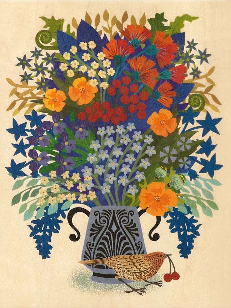The Berry Thief Small Wood Print (11 x 8.5) by Little Gold Fox Designs features a brown bird with red berries in its beak, set amid vibrant flowers on a neutral background—a striking piece of sustainable art.
