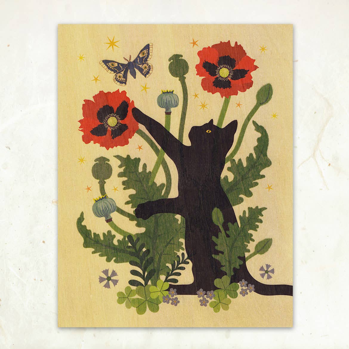 Little Gold Fox Designs Wood Art Print Black Cat & Poppies Small Wood Print