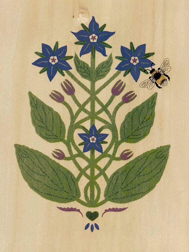 The Borage and Bee Small Wood Print (11 x 8.5) by Little Gold Fox Designs features stylized borage with green leaves, purple buds, blue star-shaped flowers, and a bee, printed on a light wood veneer background.