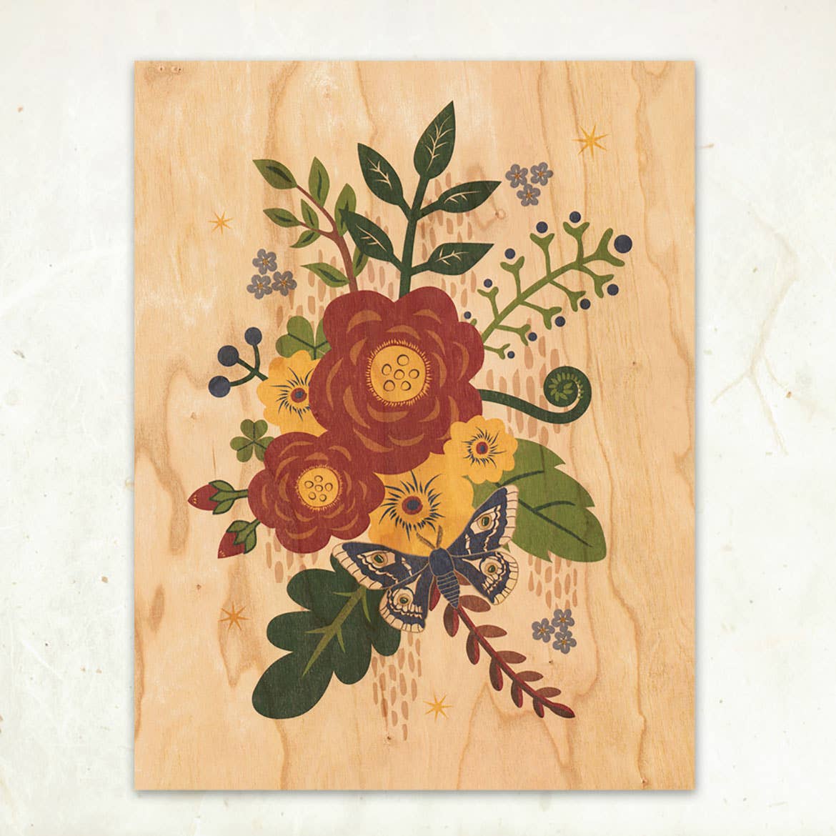 Little Gold Fox Designs Wood Art Print Folk Flowers Small Wood Print