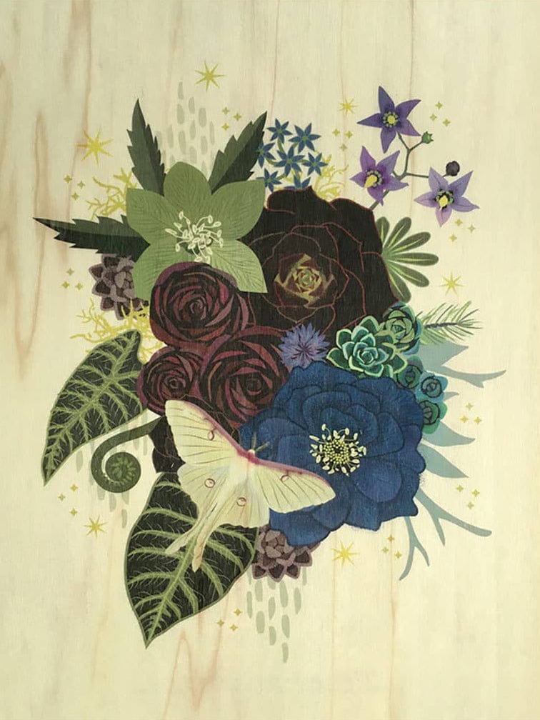The Luna Moth Bouquet Small Wood Print (11 x 8.5) by Little Gold Fox Designs features a vibrant floral arrangement with dark red, blue, and purple flowers, green leaves, a pale moth, and scattered stars on a light wood veneer.