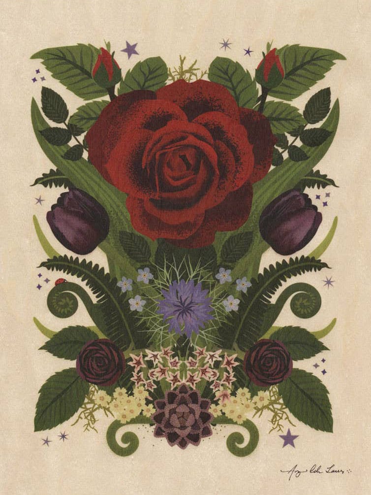 The Rose & Ladybug Small Wood Print (11 x 8.5) by Little Gold Fox Designs features a large red rose with purple and star-shaped flowers, green leaves, smaller roses, swirls, and a ladybug on biodegradable beige wood veneer.