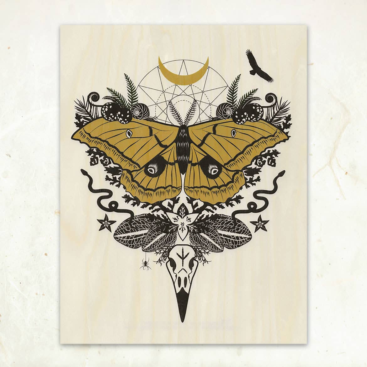 Little Gold Fox Designs Wood Art Print Silk Moth Small Wood Print