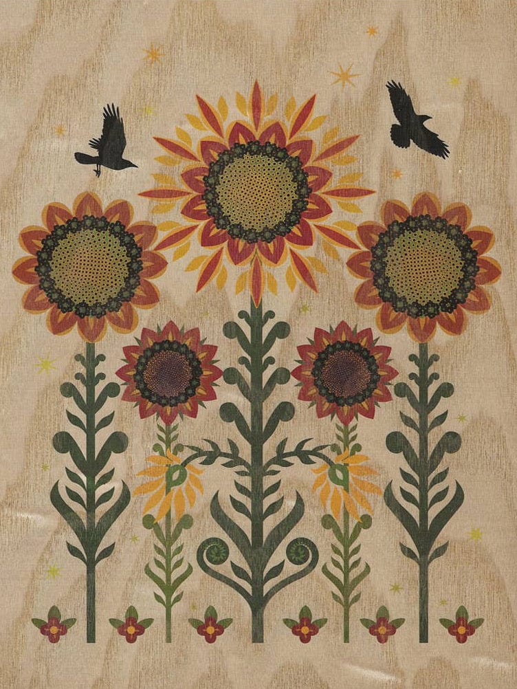 Little Gold Fox Designs Wood Art Print Sunflowers & Crows Small Wood Print